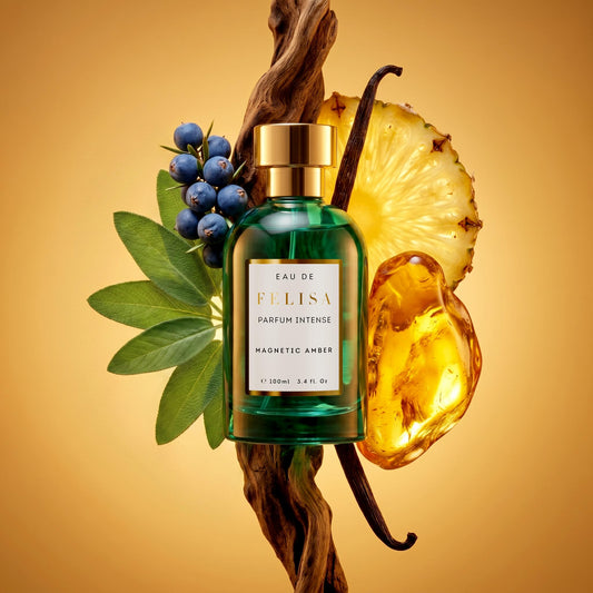 Frasco de Magnetic Amber cercado por zimbro, sálvia, folhas de abacaxi, baunilha e âmbar, ingredientes da fragrância - perfume Felisa Beauty, perfumaria de nicho brasileira de luxo