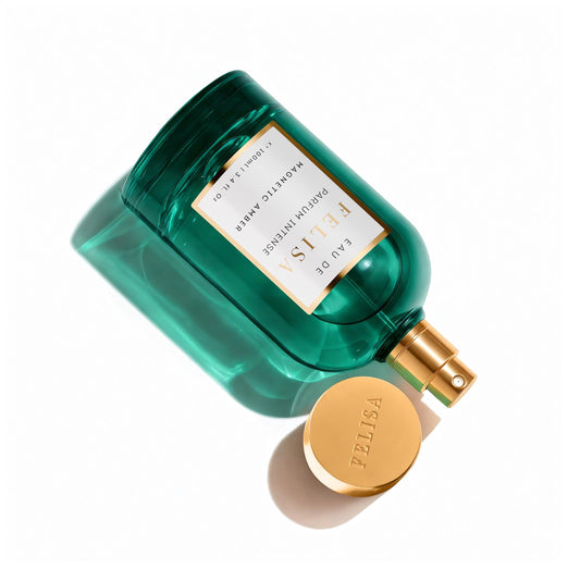 Frasco de Magnetic Amber Eau de Parfum Intense, perfume unissex da Felisa Beauty, perfumaria de nicho brasileira de luxo
