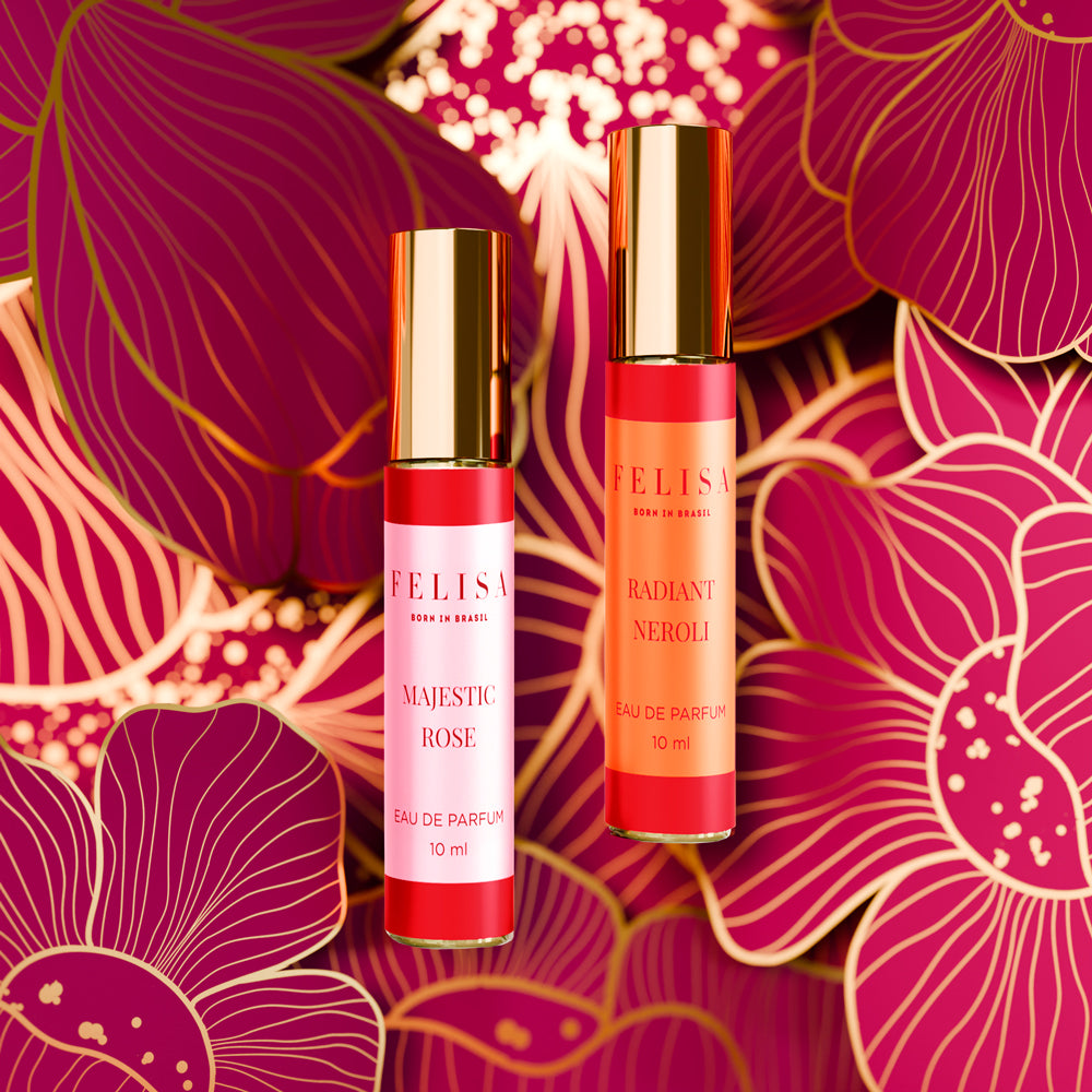 Miniaturas FELISA Majestic Rose e Radiant Neroli em fundo floral, representando a perfumaria de nicho brasileira da Casa.