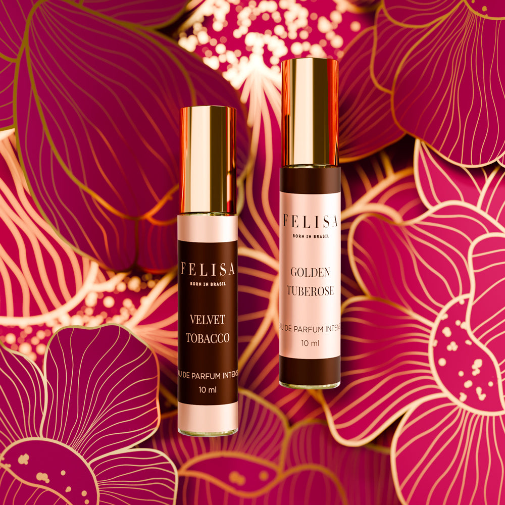 Miniaturas Velvet Tobacco Intense e Golden Tuberose Intense da Felisa, com a inscrição Born in Brasil no rótulo, sobre fundo floral
