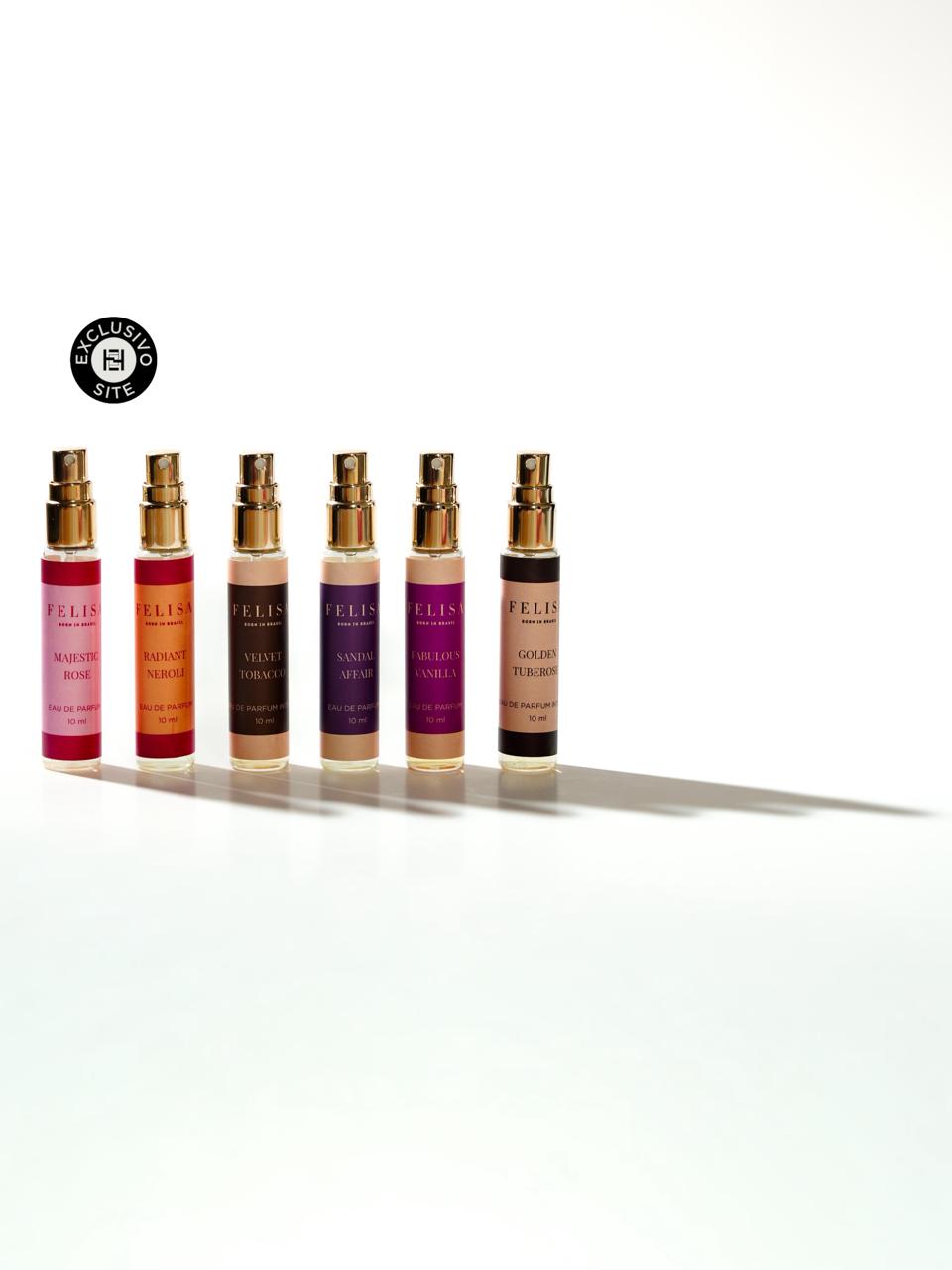 Seis miniaturas de 10 ml das fragrâncias FELISA lado a lado, formando um armário olfativo com opções para diferentes momentos.
