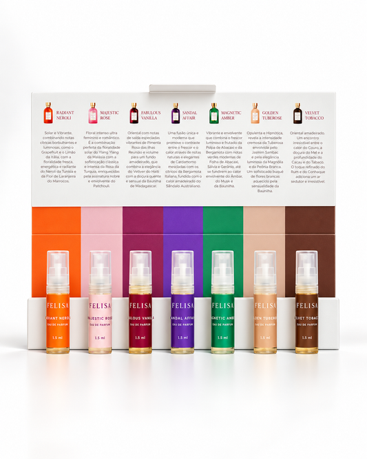 Discovery Set FELISA aberto, mostrando os 7 vidros de 1,5 ml das fragrâncias Radiant Neroli, Majestic Rose, Fabulous Vanilla, Sandal Affair, Magnetic Amber, Golden Tuberose e Velvet Tobacco