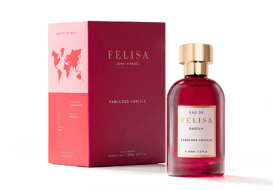 Frasco e caixa do perfume Fabulous Vanilla da Felisa, em vidro vermelho profundo com tampa dourada, caixa grená com mapa das origens das matérias-primas