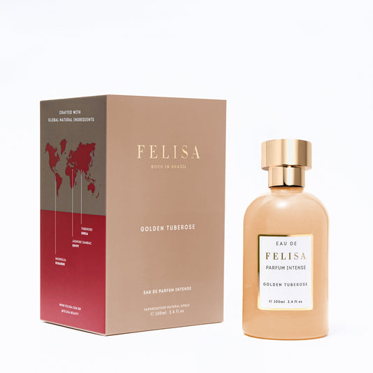 Caixa e frasco do perfume Golden Tuberose da Felisa, com mapa mostrando a origem dos ingredientes: tuberosa da Índia, jasmim sambac do Egito e magnólia do Equador