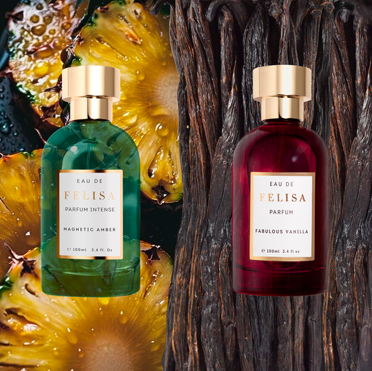 Frascos de Magnetic Amber e Fabulous Vanilla lado a lado, com fundo de abacaxi e vagens de baunilha