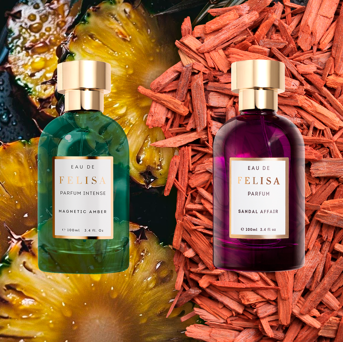 Frascos de Sandal Affair e Magnetic Amber, perfumes Felisa Beauty, lado a lado sobre fundo de sândalo e abacaxi, ilustrando scent stacking