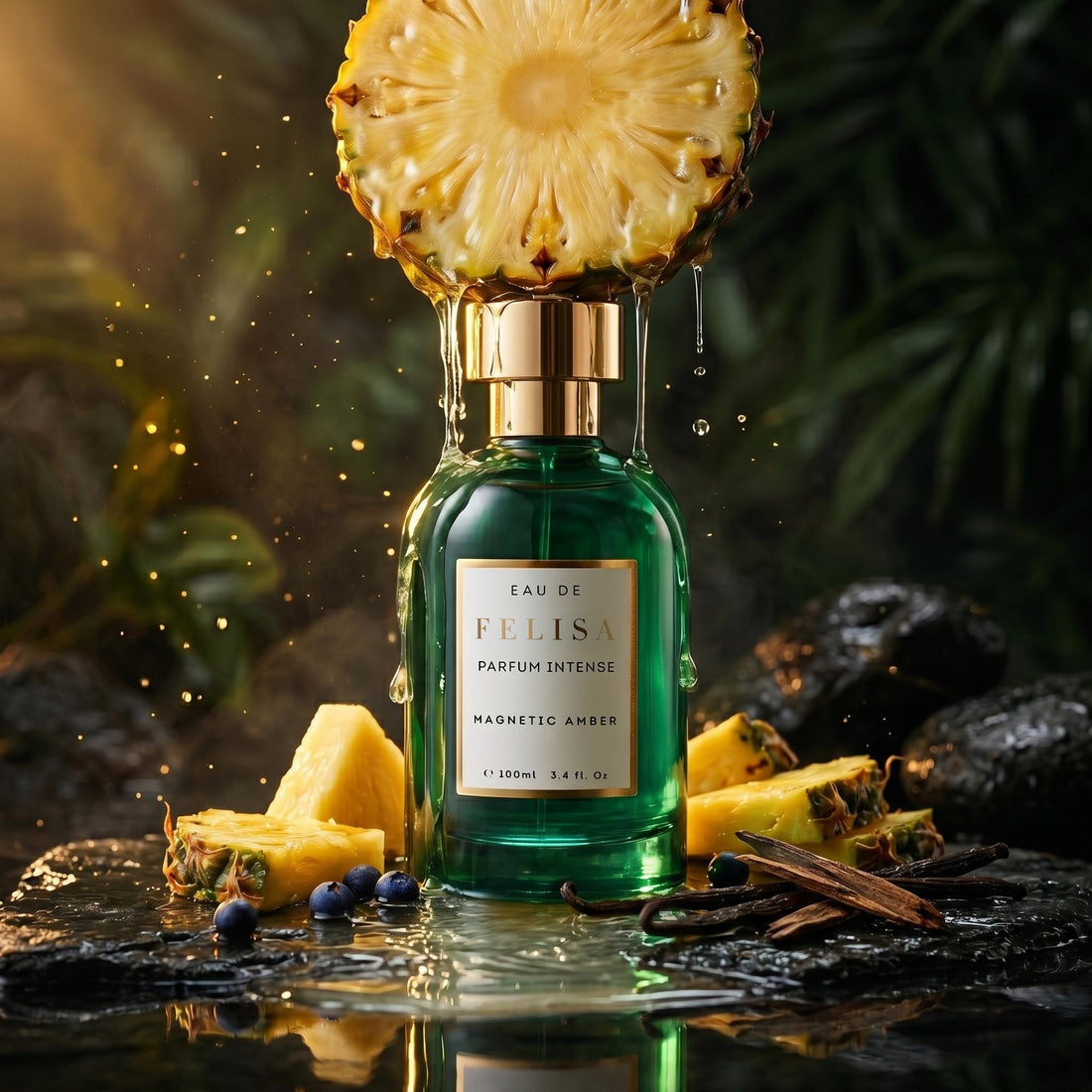 Frasco de Magnetic Amber Eau de Parfum Intense 100ml rodeado por abacaxi fresco, zimbro e madeira sobre superfície escura, ingredientes que compõem a fragrância.