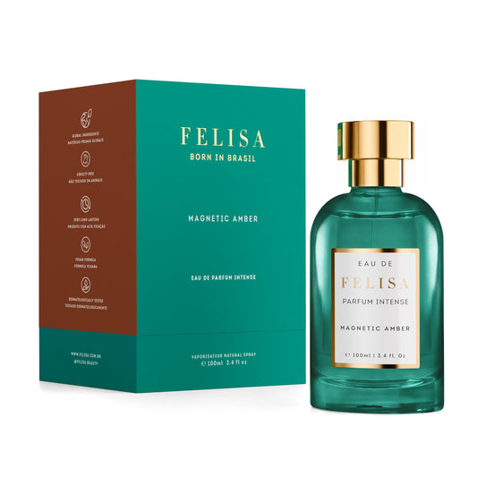 Frasco e caixa de Magnetic Amber, perfume de nicho brasileiro da FELISA